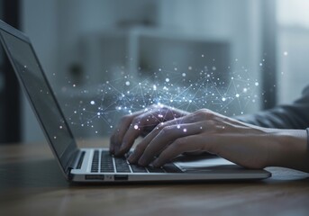 Hands typing on a laptop, overlaid with a glowing data network. Modern, tech-focused, productive