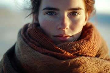Fototapeta premium A person wearing a scarf, focus on the detail