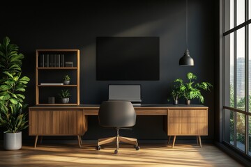 Modern dark home office with desk, chair, plants, and large window.