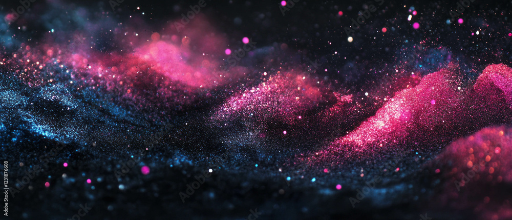 Poster shimmering glitter texture with sparkling particles on a dark background