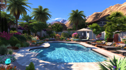 Obraz premium Cartoon swimming pool with mountains on horizon. Vector illustration of hotel backyard area with recreation poolside lounge zone surrounded by green bushes, palm trees and flowers. Summer vacation