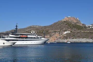 A luxury yacht in the harbour of the idyllic small island of Kythira in Greece
