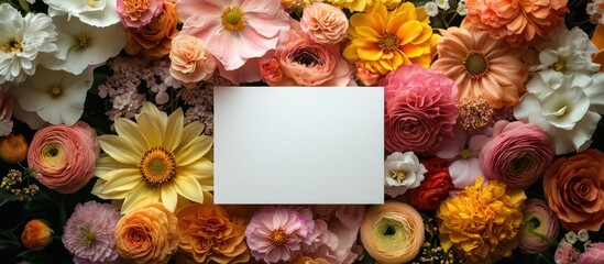 Blank card nestled in vibrant floral arrangement