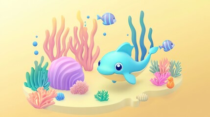 Cute cartoon dolphin swims in ocean coral reef