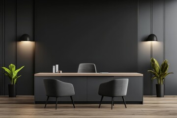 Modern dark office interior with desk, chairs, and plants.