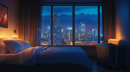Modern hotel bedroom interior at night cartoon. Wheel luggage in luxury room with double bed inside. Cityscape view from window in apartment panorama environment. Blanket and pillow decoration