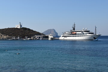 A luxury yacht in the harbour of the idyllic small island of Kythira in Greece
