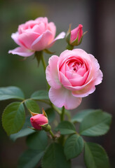 Obraz premium Two pink roses in full bloom with green leaves and a budding rose nearby, set against a blurred background