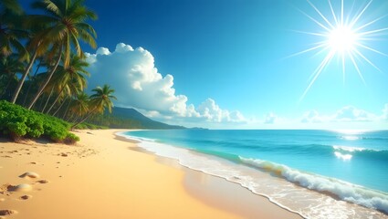 Idyllic Tropical Beach with Palm Trees and Blue Ocean &ndash; Vacation Getaway