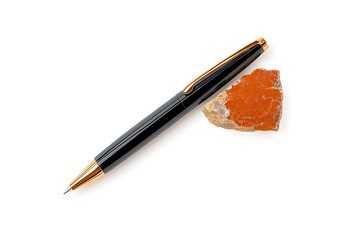 Elegant black pen with gold accents next to a piece of orange gemstone.