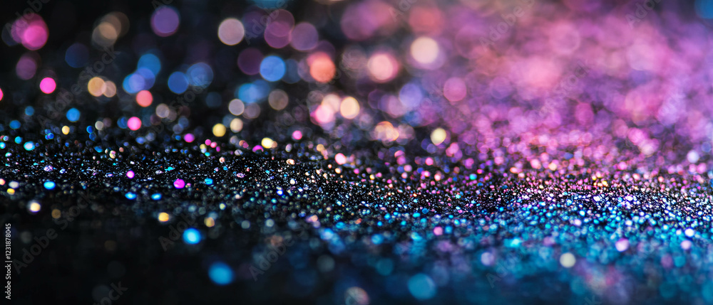 Poster overlay texture of glitter with layers and three-dimensional effect on black background