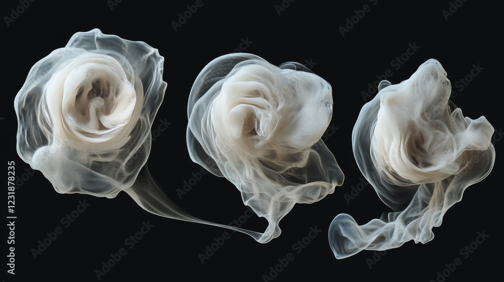 Poster hookah vape smoke circle and tornado vector effect. 3d realistic abstract white cigarette cloud stea