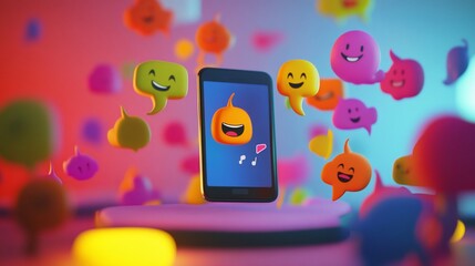 Happy emojis on phone screen, vibrant background, digital communication concept, social media marketing