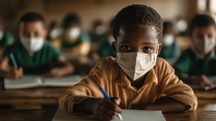 Black schoolboy diligently writing in classroom during pandemic precautions