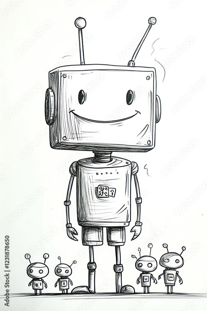 Poster a friendly robot with a big smile stands tall over four smaller robots.