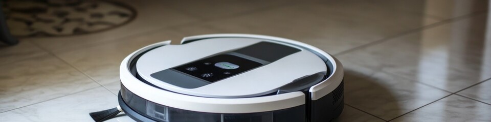 Close-up of a robotic vacuum cleaner sitting on a tiled floor, ready to clean