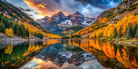 Obraz premium Stunning Maroon Bells bokeh photography captures Colorado's aspen autumn, showcasing snowcapped peaks and scenic fall foliage.