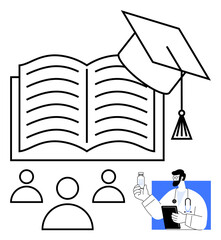 Open book paired with a graduation cap, three user icons, and a doctor holding a medication bottle. Ideal for education, health, learning, teamwork, research, academics abstract line flat metaphor