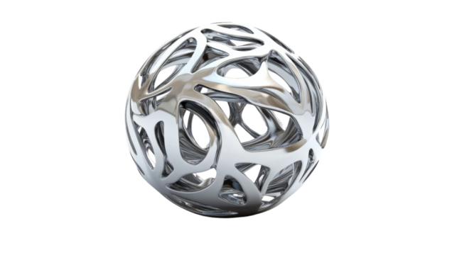 Abstract chrome sphere rotating on transparent background
