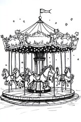 A hand drawn illustration of a classic carousel with six horses and a canopy.