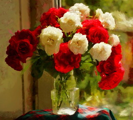 Artistic still life with flowers on a sunlit window