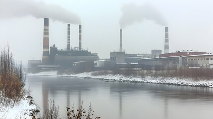Obraz premium Winter industrial plant by snowy river