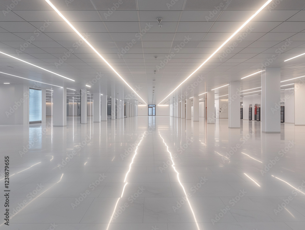 Poster empty space with hidden lighting, a white floor, and a ceiling for futuristic view, creating a moder