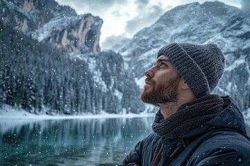 A person stands by the frozen lake in snowy environment