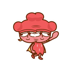 手をあげて左右を確認する赤い帽子と赤い服を着た女の子