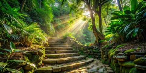 Sun-drenched stone steps descend into a lush tropical grove, sharply focused in high-depth photography.