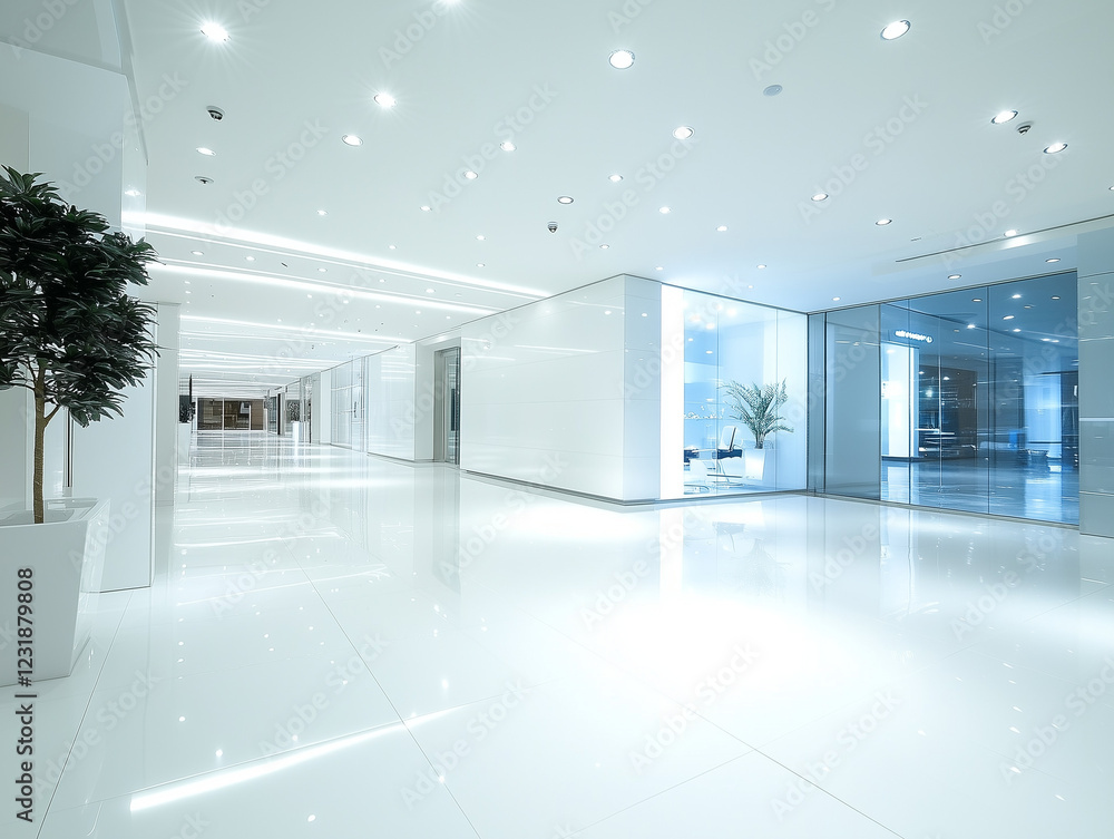 Poster empty space with hidden lighting, a white floor, and a ceiling for futuristic view, creating a moder
