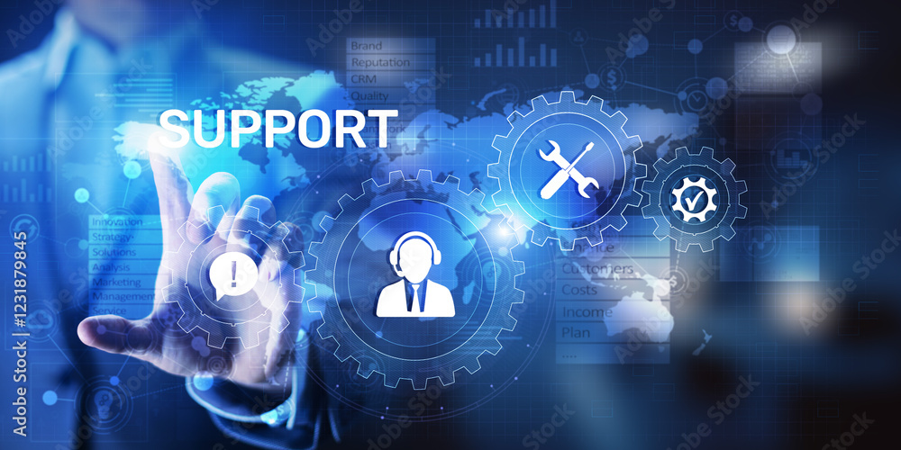 Poster Support button on virtual screen. Customer service and communication concept.