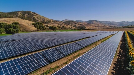 Solar Panels in Agricultural Landscape with Sunflowers and Mountains