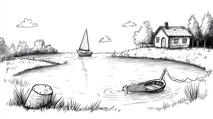 A hand drawn illustration of a small lake scene with a house, sailboat, and a rowboat in the water.