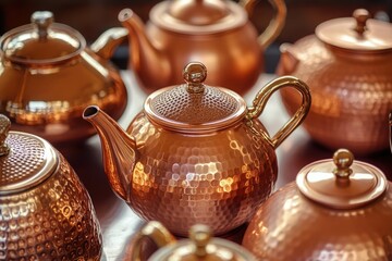 Group of copper teapots arranged on a table, suitable for still life photography or interior design concept