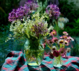 Artistic still life with flowers on a sunlit window