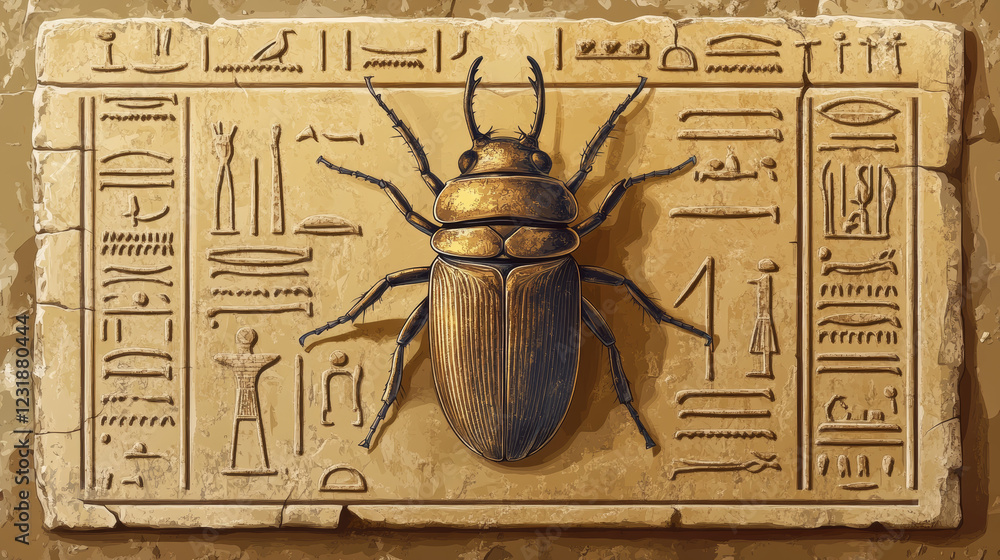 Aufkleber stone board or clay tablet with scarab beetle and egyptian hieroglyphs cartoon vector illustration a