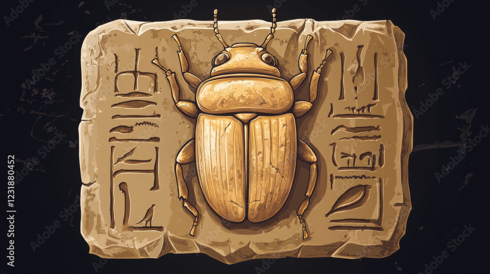 Aufkleber stone board or clay tablet with scarab beetle and egyptian hieroglyphs cartoon vector illustration a