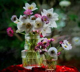 Artistic still life with flowers on a sunlit window