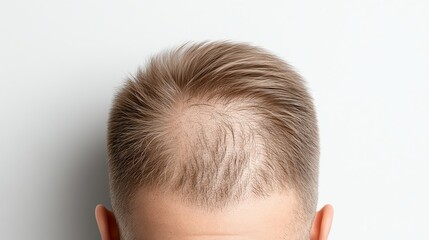 Obraz premium Close-up of a man's thinning hair on his head, highlighting the early stages of male pattern baldness, isolated on white.