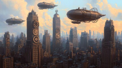 Naklejka premium Vintage Steampunk Airships Floating Over an Urban Landscape