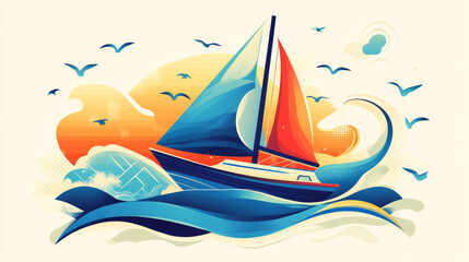 Naklejka premium Vector illustration in marine style - funny sailing ship. Element design for sailing