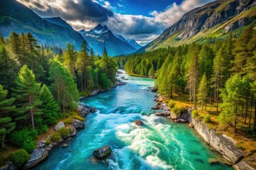 Turquoise river carves through Innlandet's pine forests; a high-angle drone shot reveals breathtaking scenery.