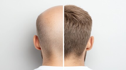 Fototapeta premium A transformative hair journey showing baldness on one side and full hair on the other, illustrating hair restoration.