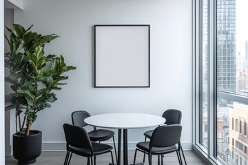Fototapeta premium Modern minimalist dining area with blank frame, plant, and city view.