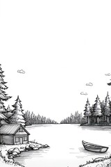 A hand-drawn illustration of a cabin on a lake surrounded by trees.