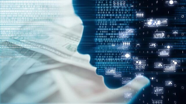 AI-powered financial future, digital human face constructed from encrypted financial data