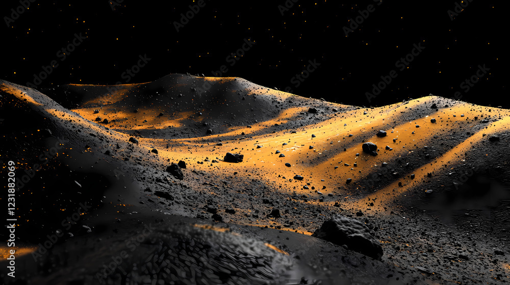 Poster mysterious landscape of a distant planet with glowing golden terrain. generative ai