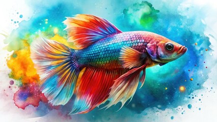Fototapeta premium Vibrant betta fish dance in a watercolor double exposure, an abstract aquatic dream.