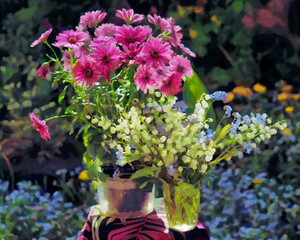 Artistic still life with flowers on a sunlit window
